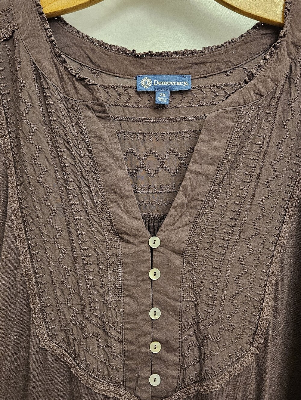 Democracy Women's Brown Purple Button-Front Peasant Top Boho Plus Womens 2X - Picture 3 of 13